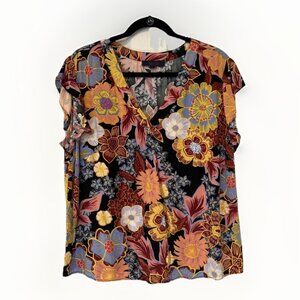 Rachel Roy 1X Top Floral Print V Neck Cap Sleeve Blouse Plus Size